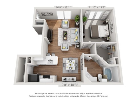 Floor plan for 1 bed, 1 bath, 789 sqft